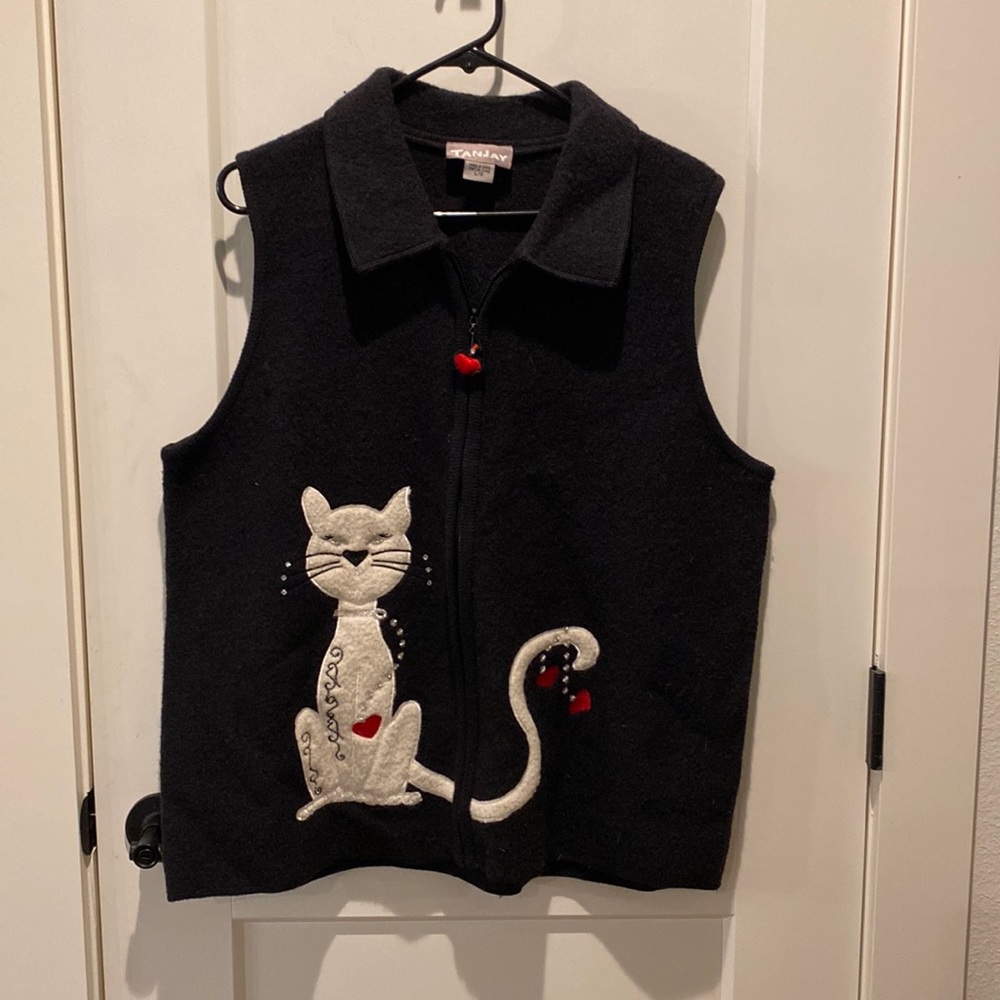 VTG TANJAY Size M 100% Wool Felted Zip Up Vest Cat Hearts Embroidered Rh…